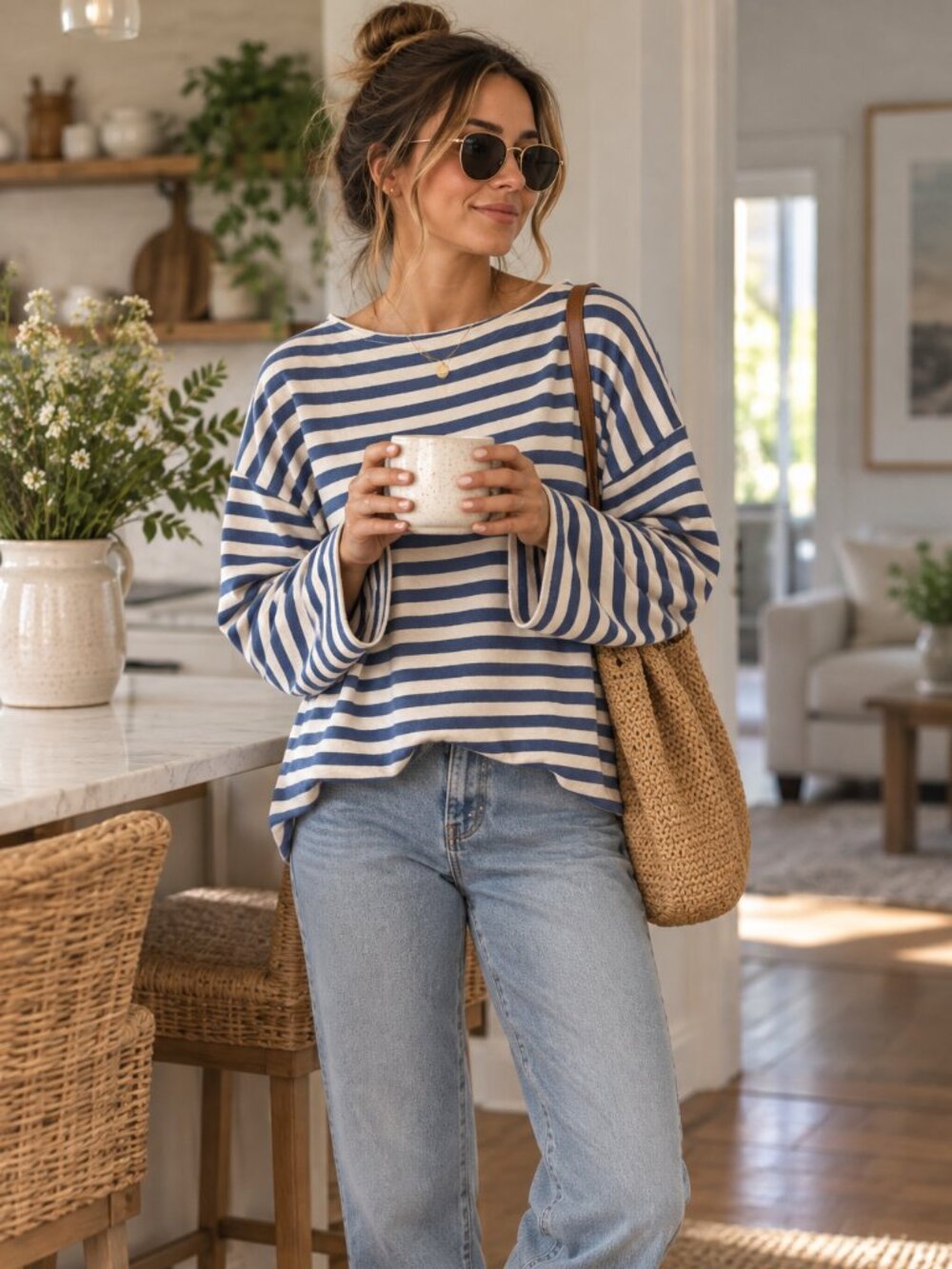 Aerie Blue Cream Striped Oversized Boat Neck Sweater Top M